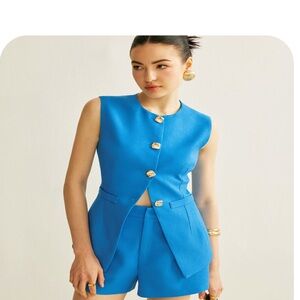 Vibrant Blue Button-Up Top and Shorts Set